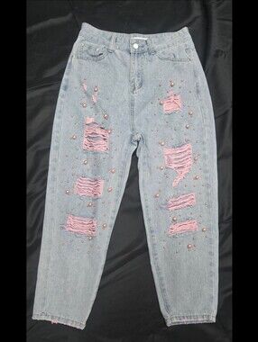PEEKSKILL Y2K Pink Pearl Distressed Jeans Kawaii Ripped Denim